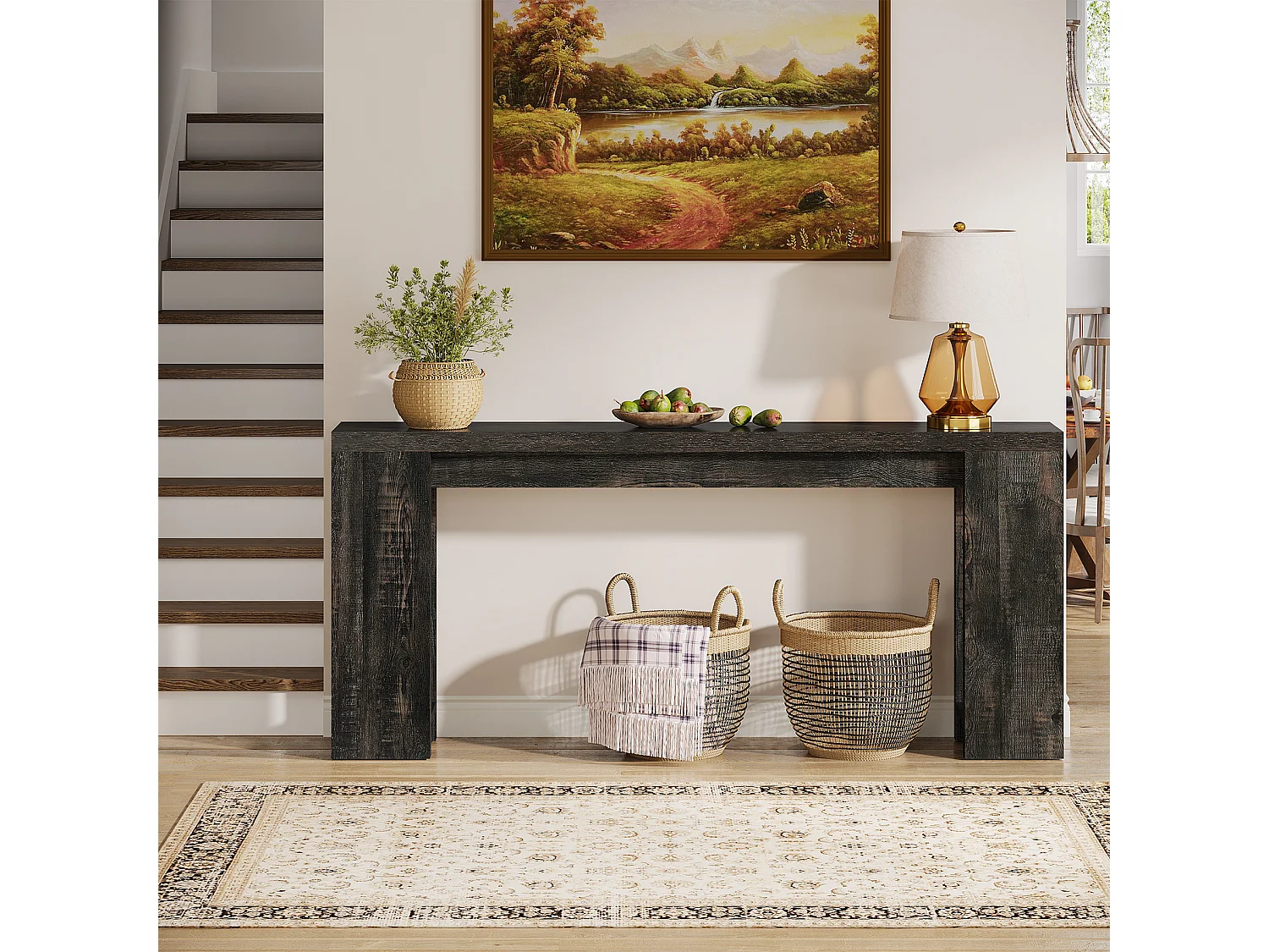 Mesa consola extra larga de 160 cm, mesa de sofá rústica detrás del sofá negra