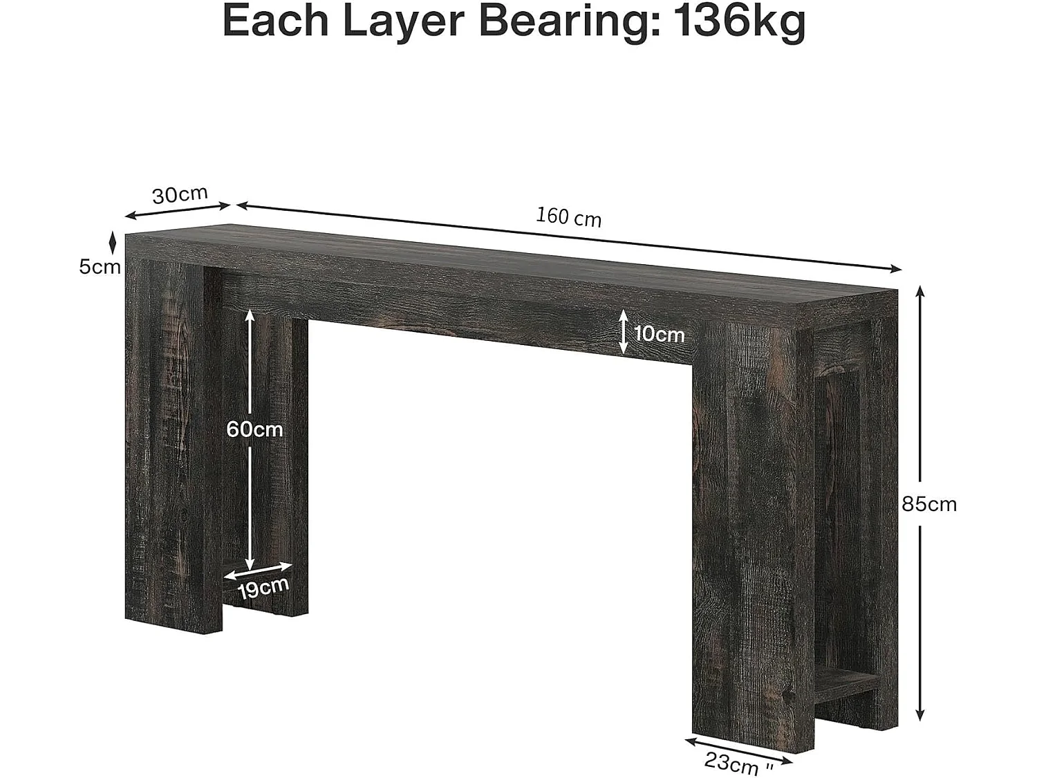 Console extra longue de 160 cm, table basse de style campagnard noire