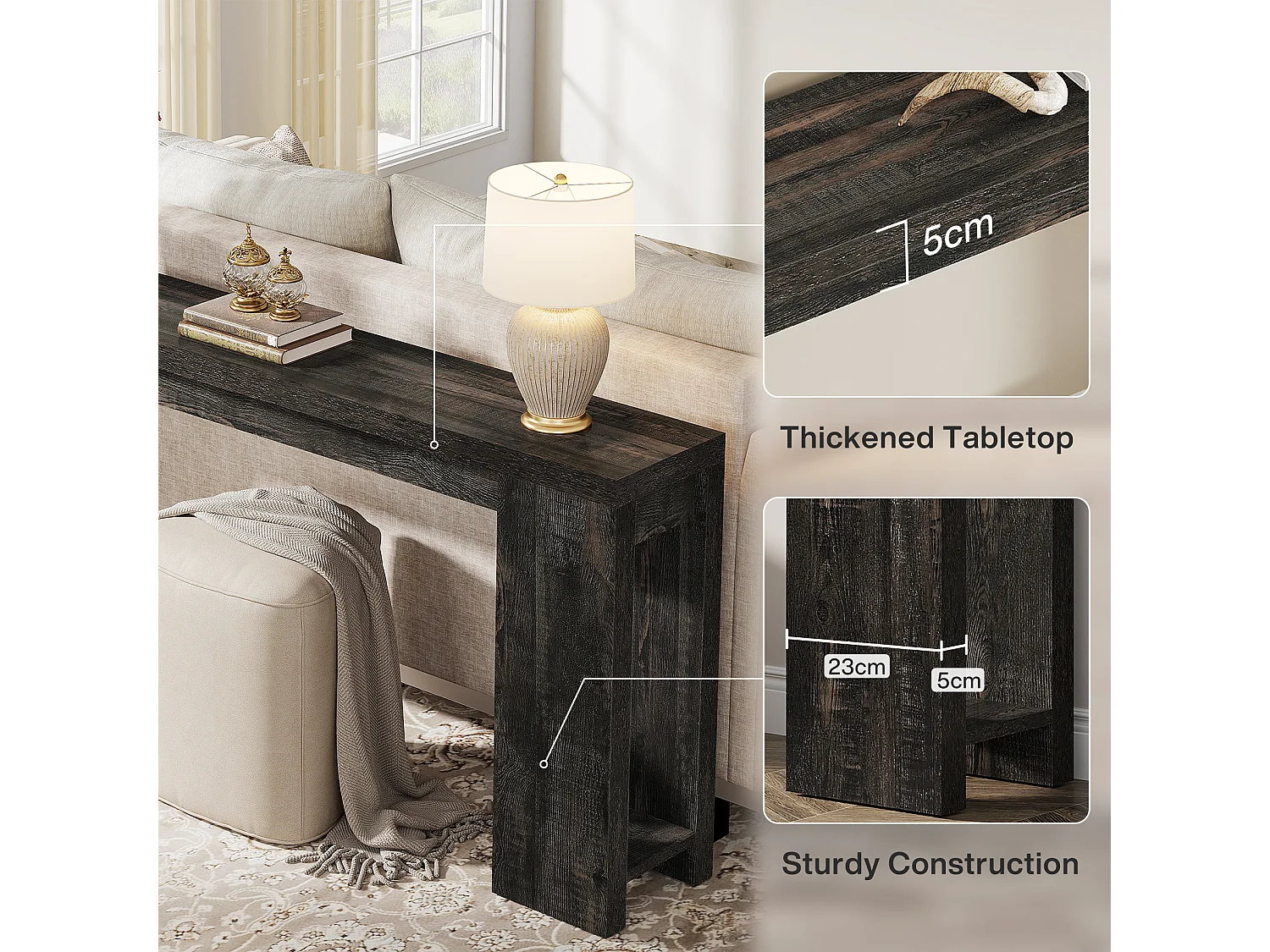 Console extra longue de 160 cm, table basse de style campagnard noire