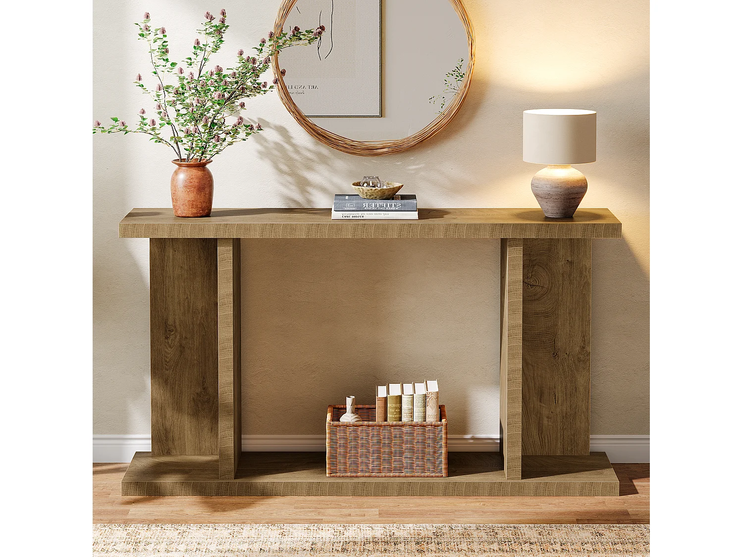 Mesa de Console de 140cm, Mesa de Entrada Rustica de 2 Andares para Atrás do Sofá