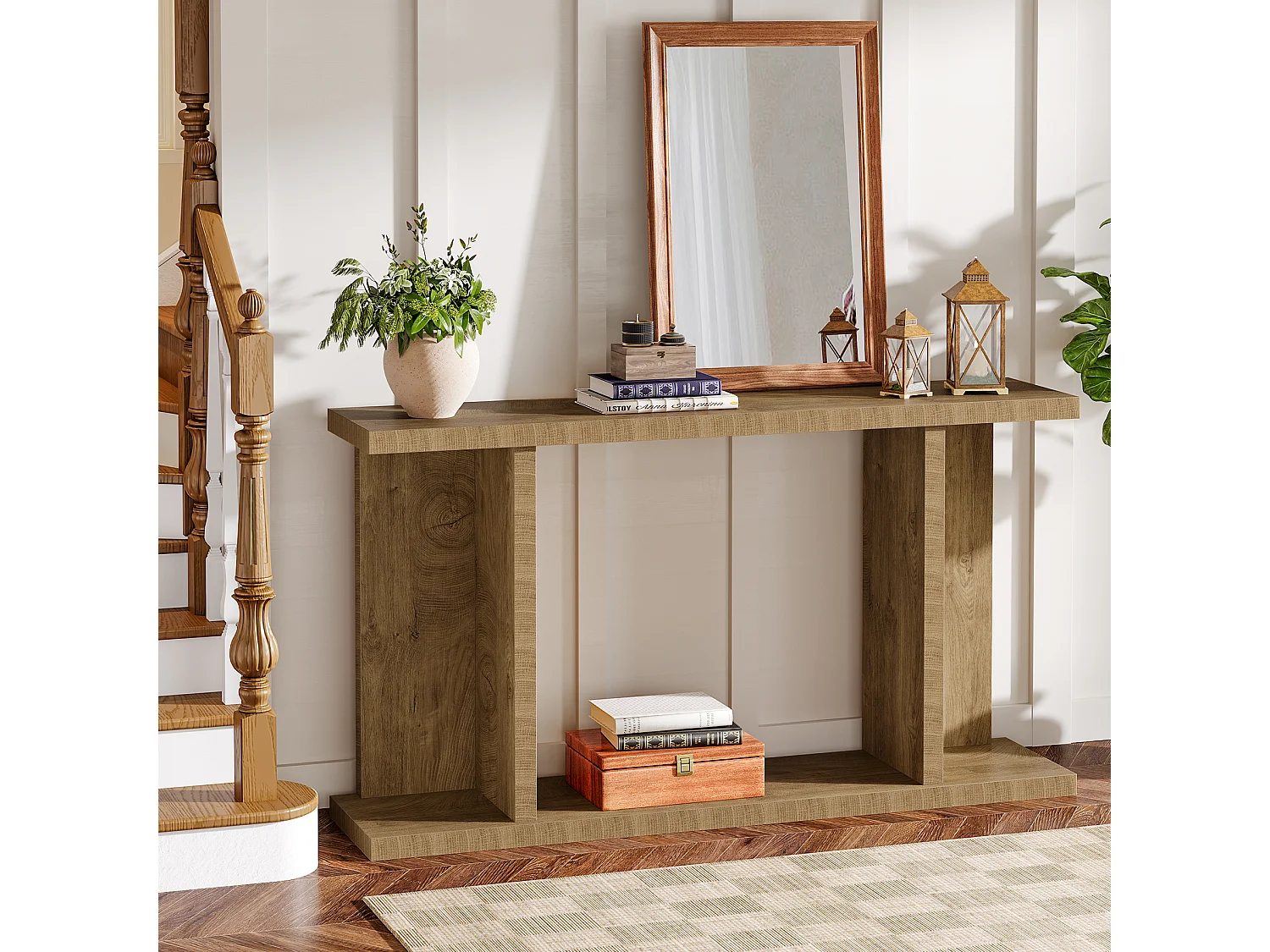 Mesa de Console de 140cm, Mesa de Entrada Rustica de 2 Andares para Atrás do Sofá