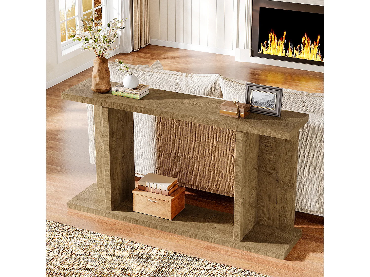 Mesa de Console de 140cm, Mesa de Entrada Rustica de 2 Andares para Atrás do Sofá