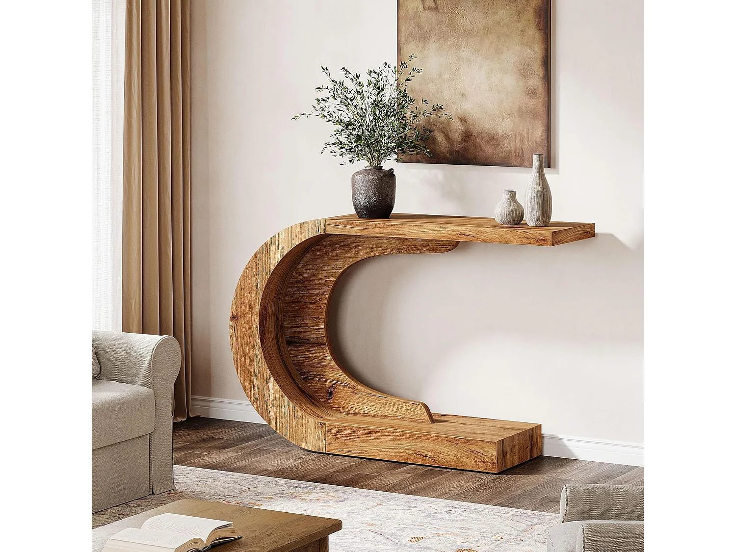 Mesa de Consola Rural para Entrada, Mesa de Sofá Rustica em Forma de C Única Atrás do Sofá