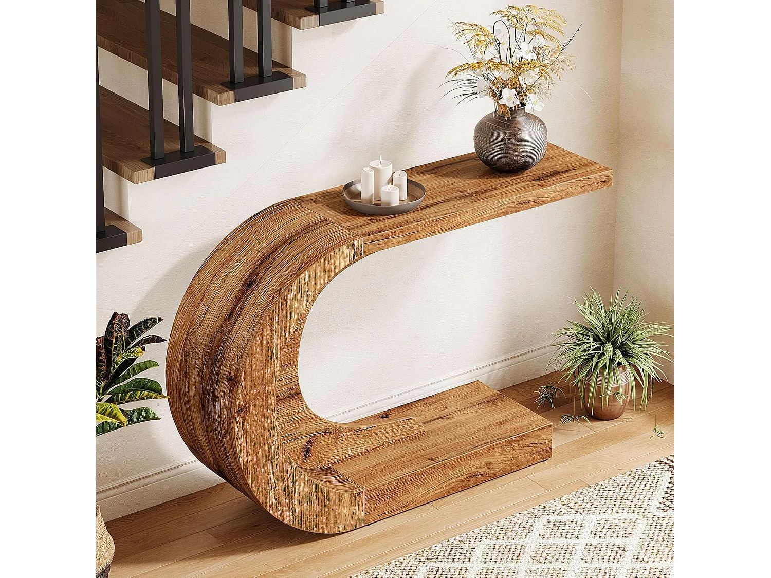 Console de style campagnard pour entrée, table d'appoint rustique unique en forme de C à placer derrière le canapé