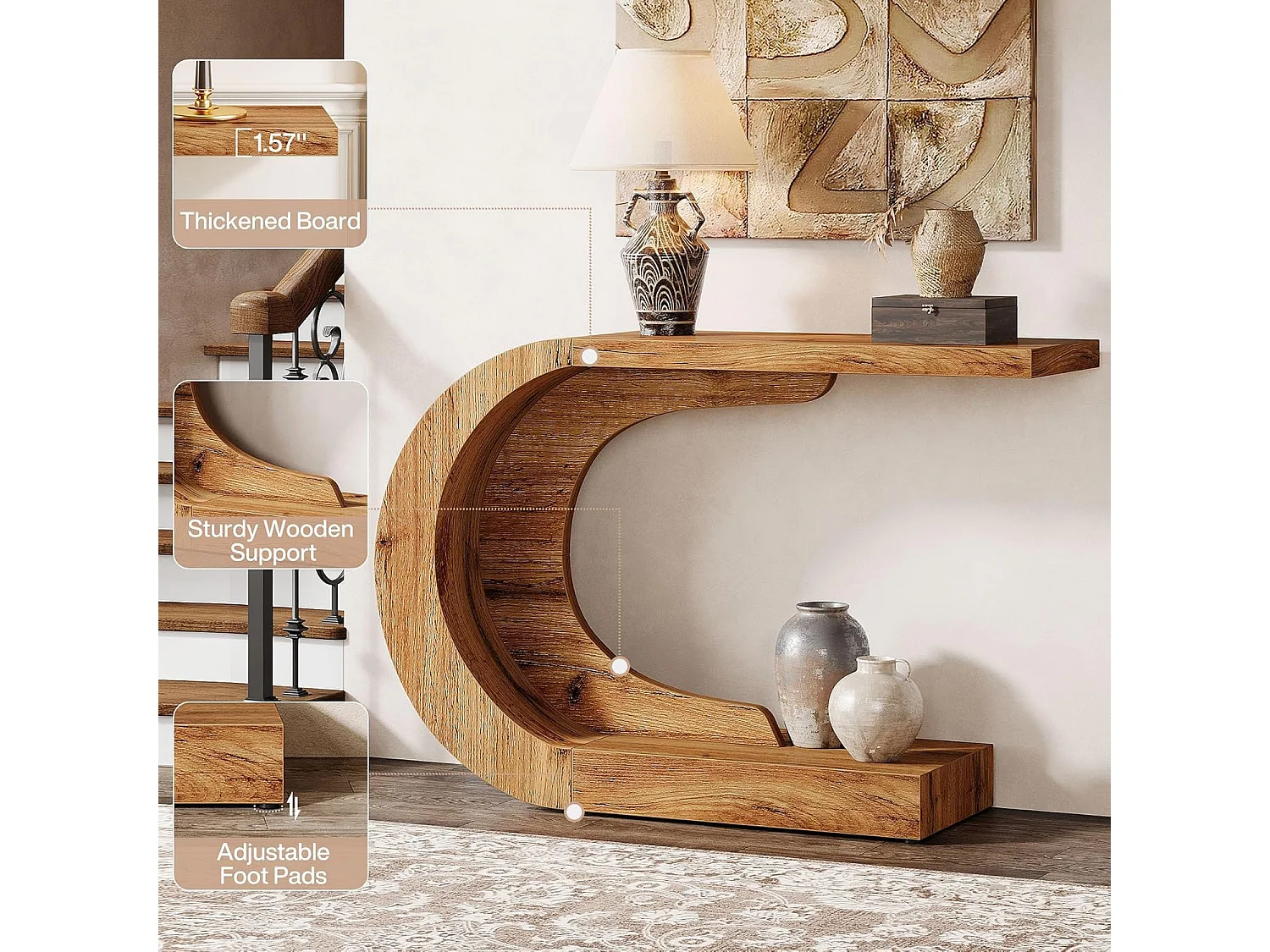 Console de style campagnard pour entrée, table d'appoint rustique unique en forme de C à placer derrière le canapé