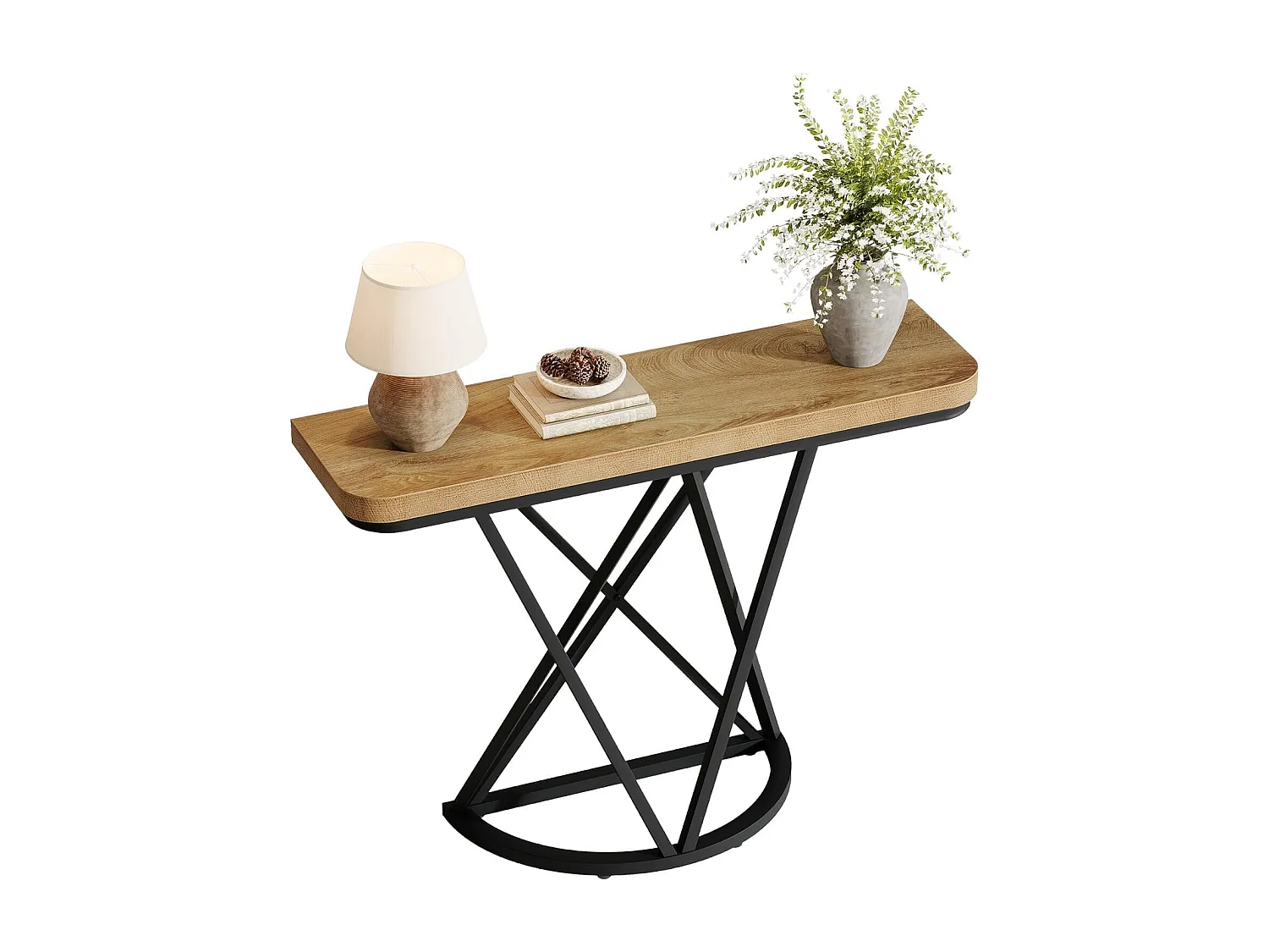 Mesa de Consola de 105cm, Mesa de Entrada Industrial com Base de Metal Geométrica