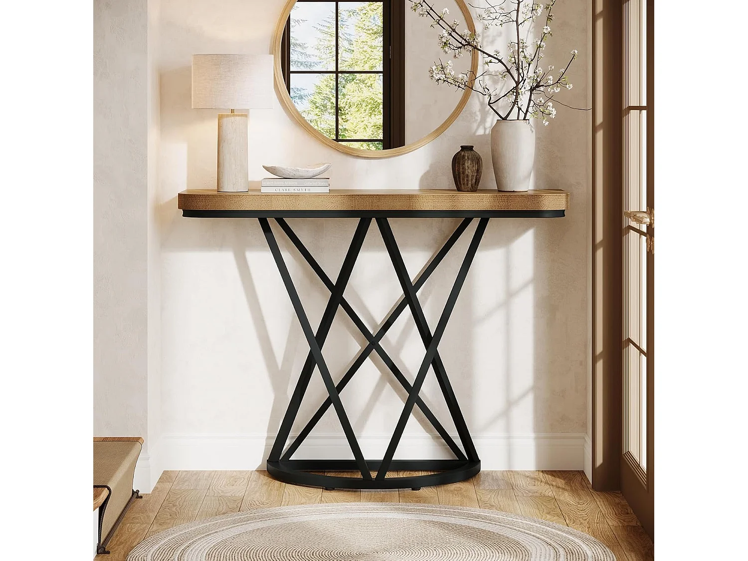 Mesa de Consola de 105cm, Mesa de Entrada Industrial com Base de Metal Geométrica