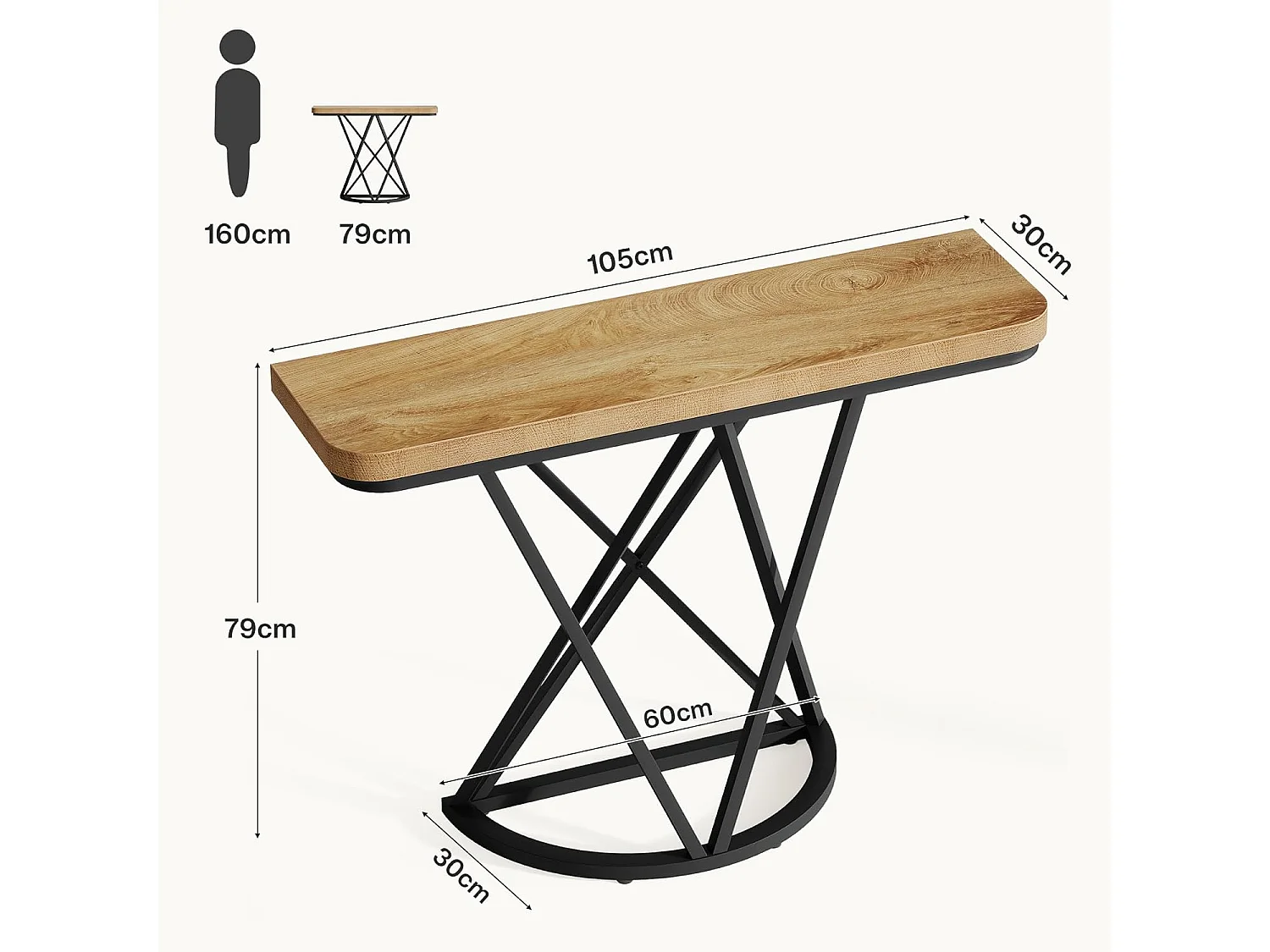 Mesa de Consola de 105cm, Mesa de Entrada Industrial com Base de Metal Geométrica