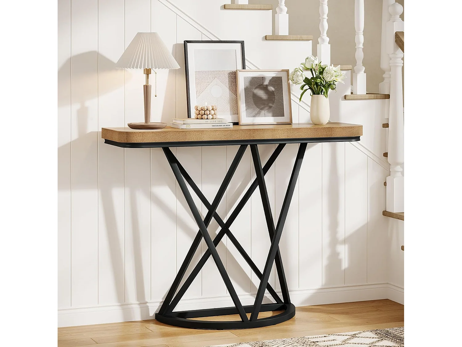 Mesa de Consola de 105cm, Mesa de Entrada Industrial com Base de Metal Geométrica