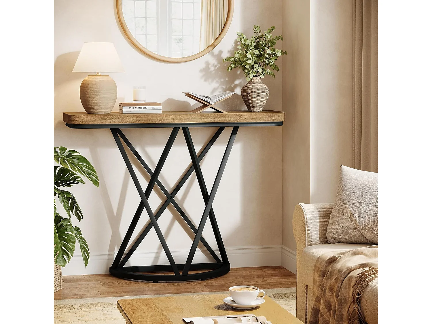 Mesa de Consola de 105cm, Mesa de Entrada Industrial com Base de Metal Geométrica