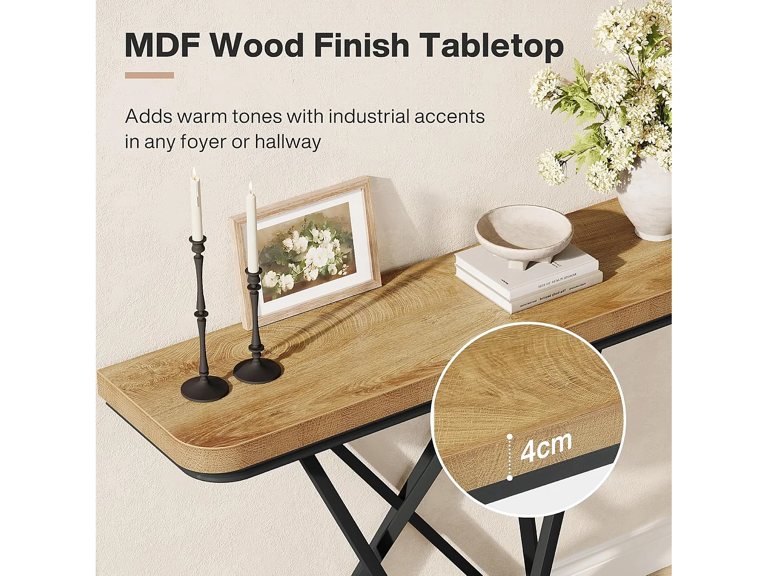 Mesa de Consola de 105cm, Mesa de Entrada Industrial com Base de Metal Geométrica