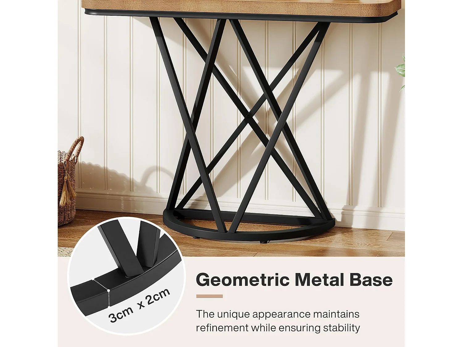 Mesa de Consola de 105cm, Mesa de Entrada Industrial com Base de Metal Geométrica