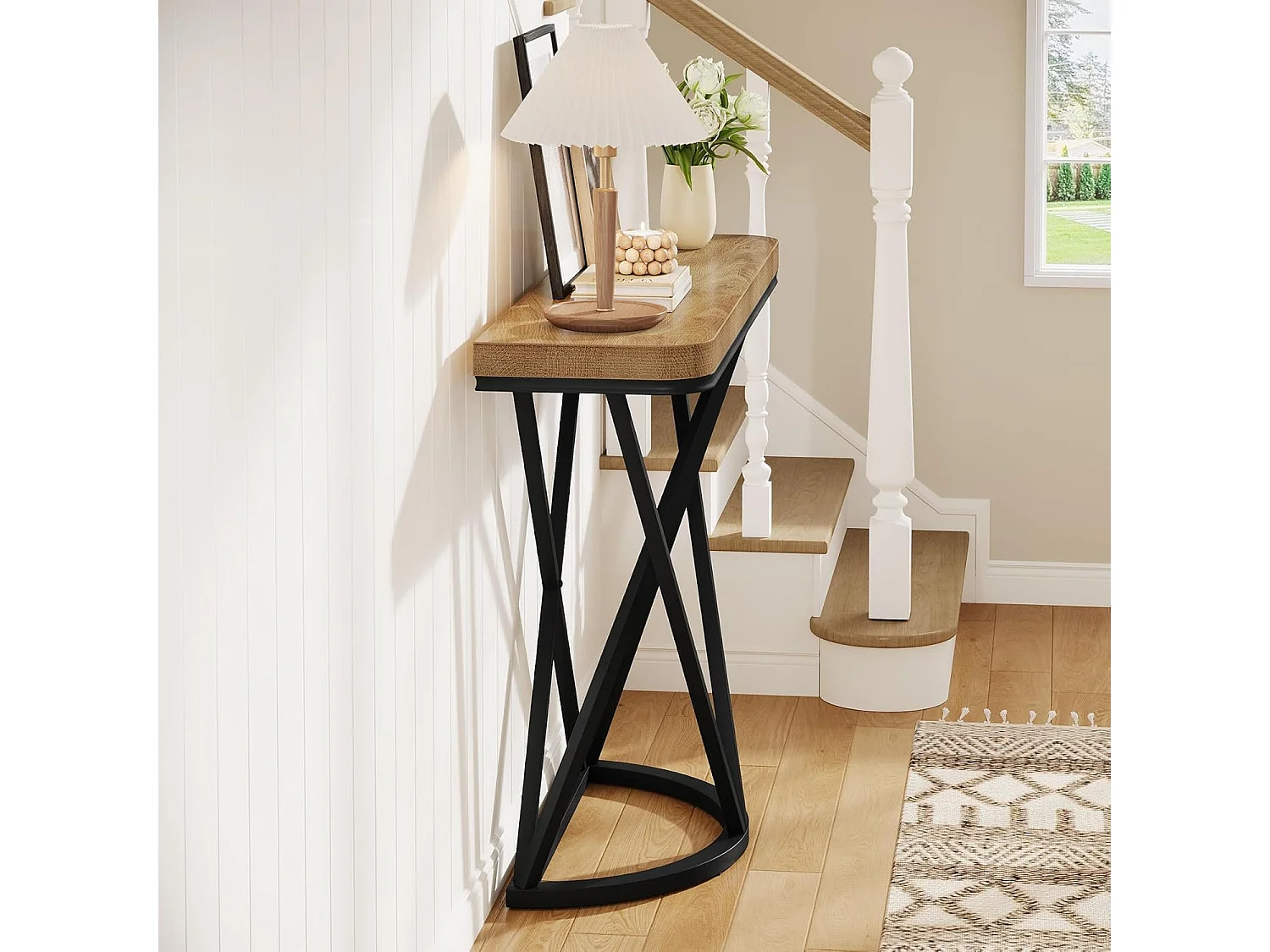 Mesa de Consola de 105cm, Mesa de Entrada Industrial com Base de Metal Geométrica