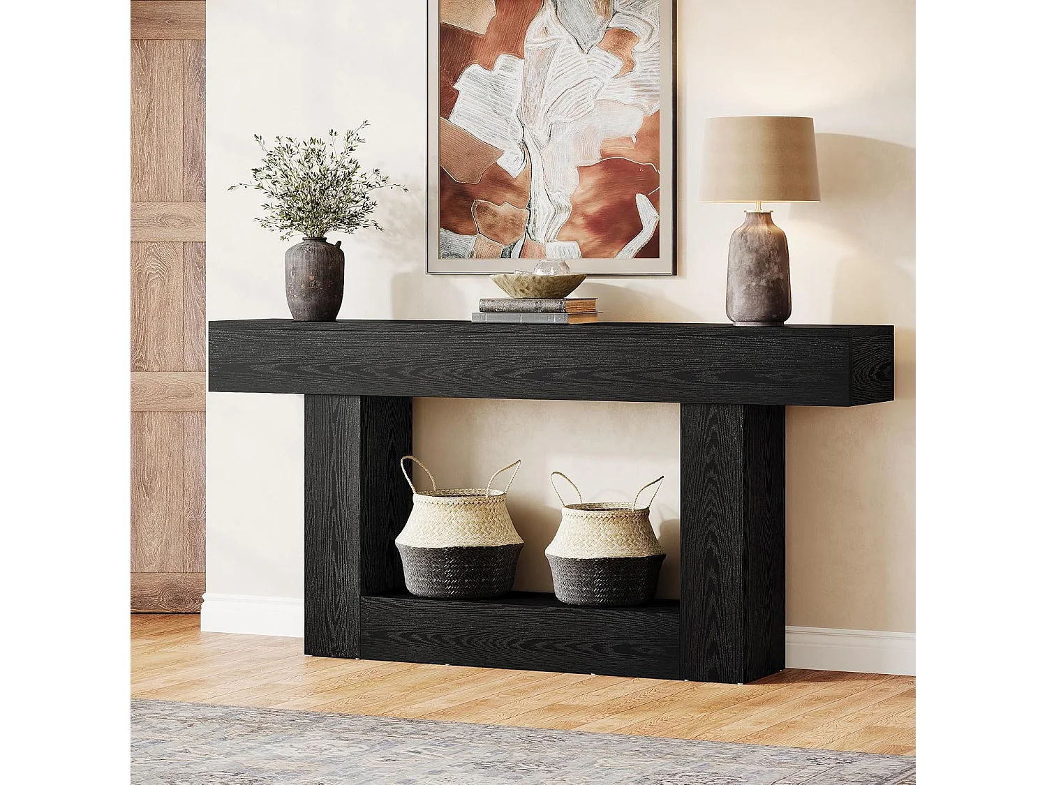 Mesa de Console de 160cm, Mesa de Sofá de 2 Andares Preta Mesa de Entrada