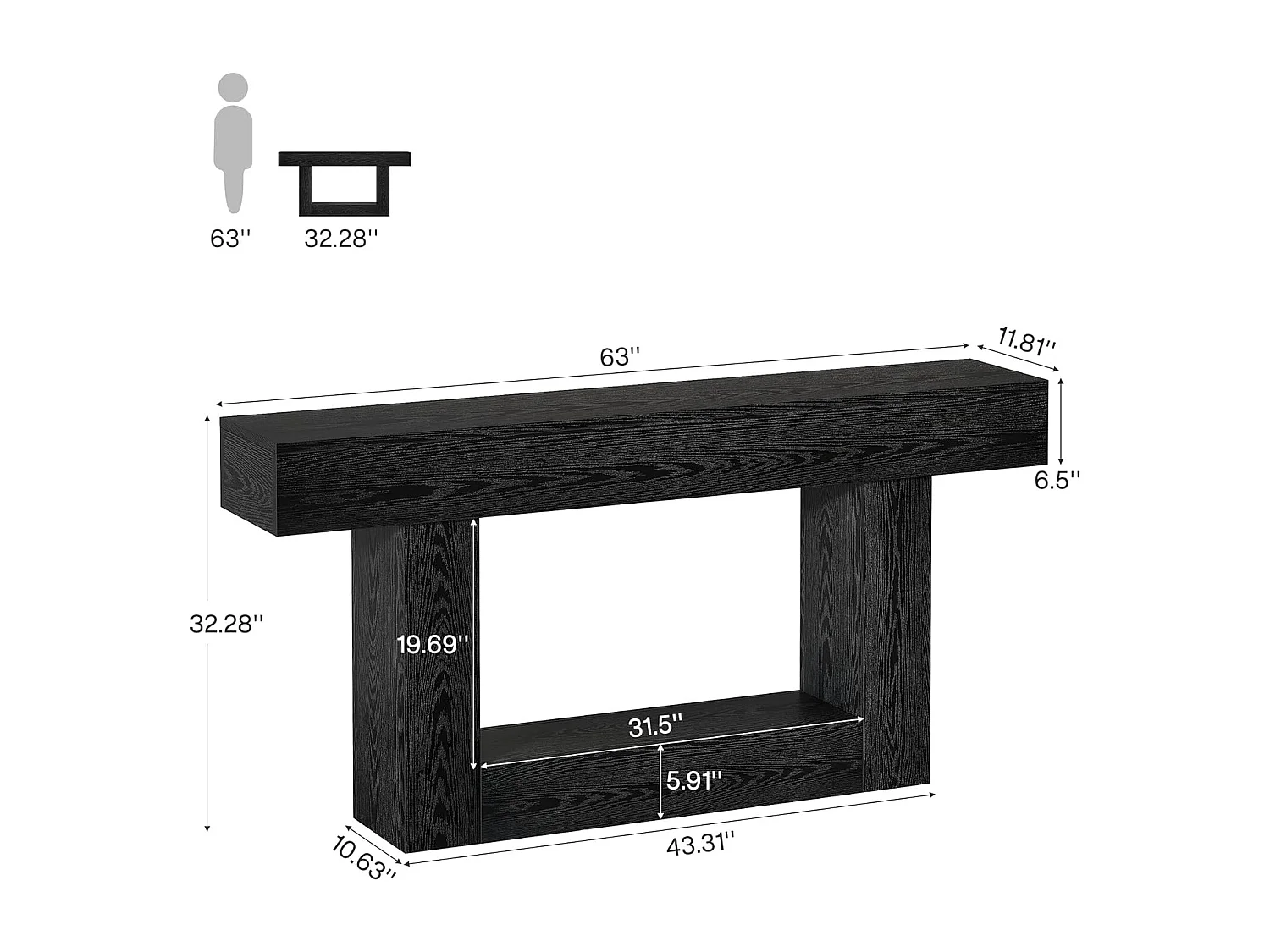Mesa de Console de 160cm, Mesa de Sofá de 2 Andares Preta Mesa de Entrada