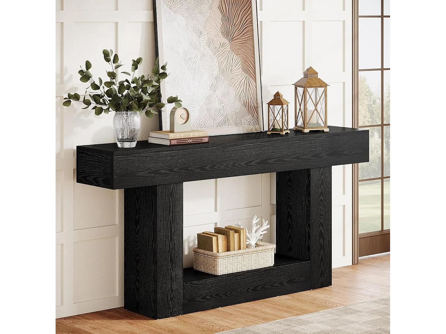 Mesa de Console de 160cm, Mesa de Sofá de 2 Andares Preta Mesa de Entrada