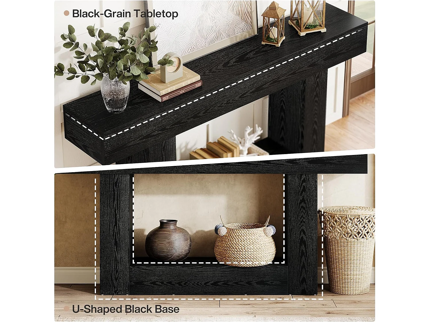 Mesa de Console de 160cm, Mesa de Sofá de 2 Andares Preta Mesa de Entrada