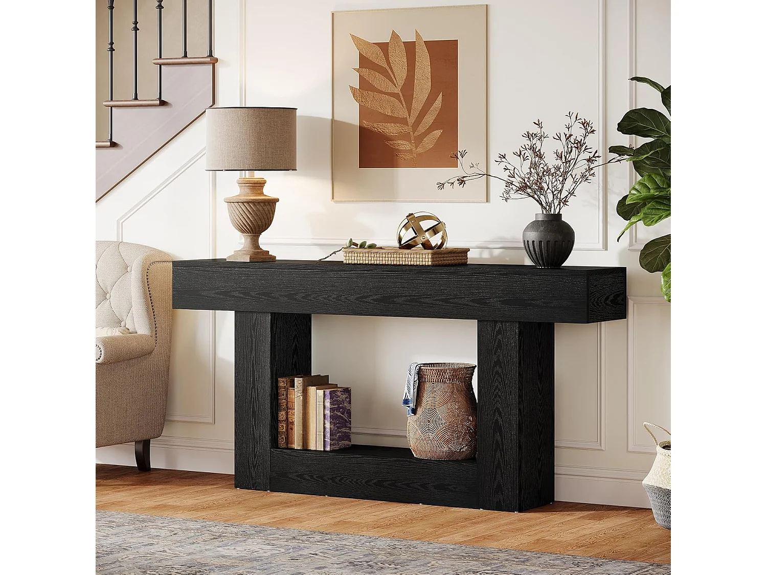 Mesa de Console de 160cm, Mesa de Sofá de 2 Andares Preta Mesa de Entrada