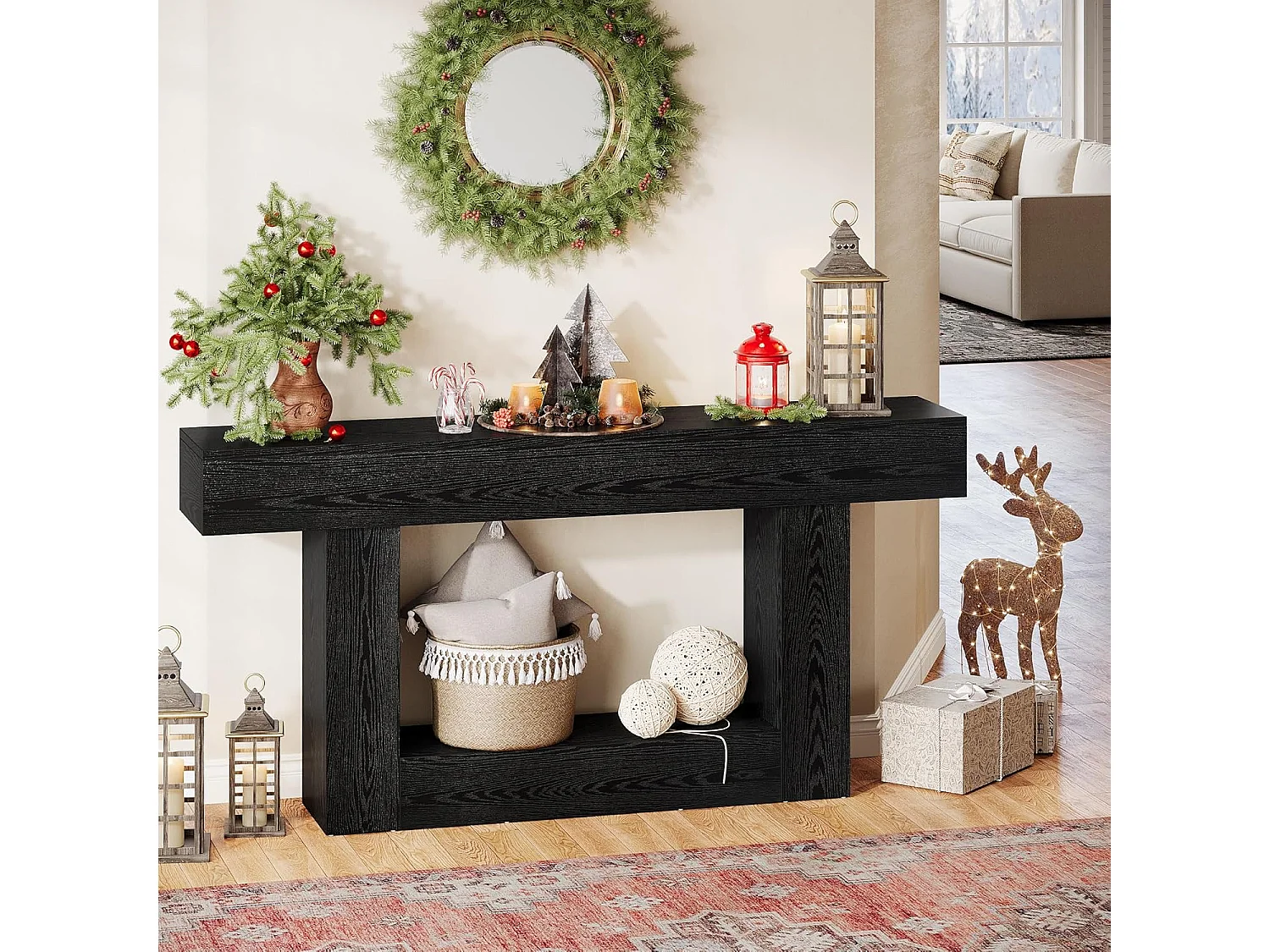 Mesa de Console de 160cm, Mesa de Sofá de 2 Andares Preta Mesa de Entrada