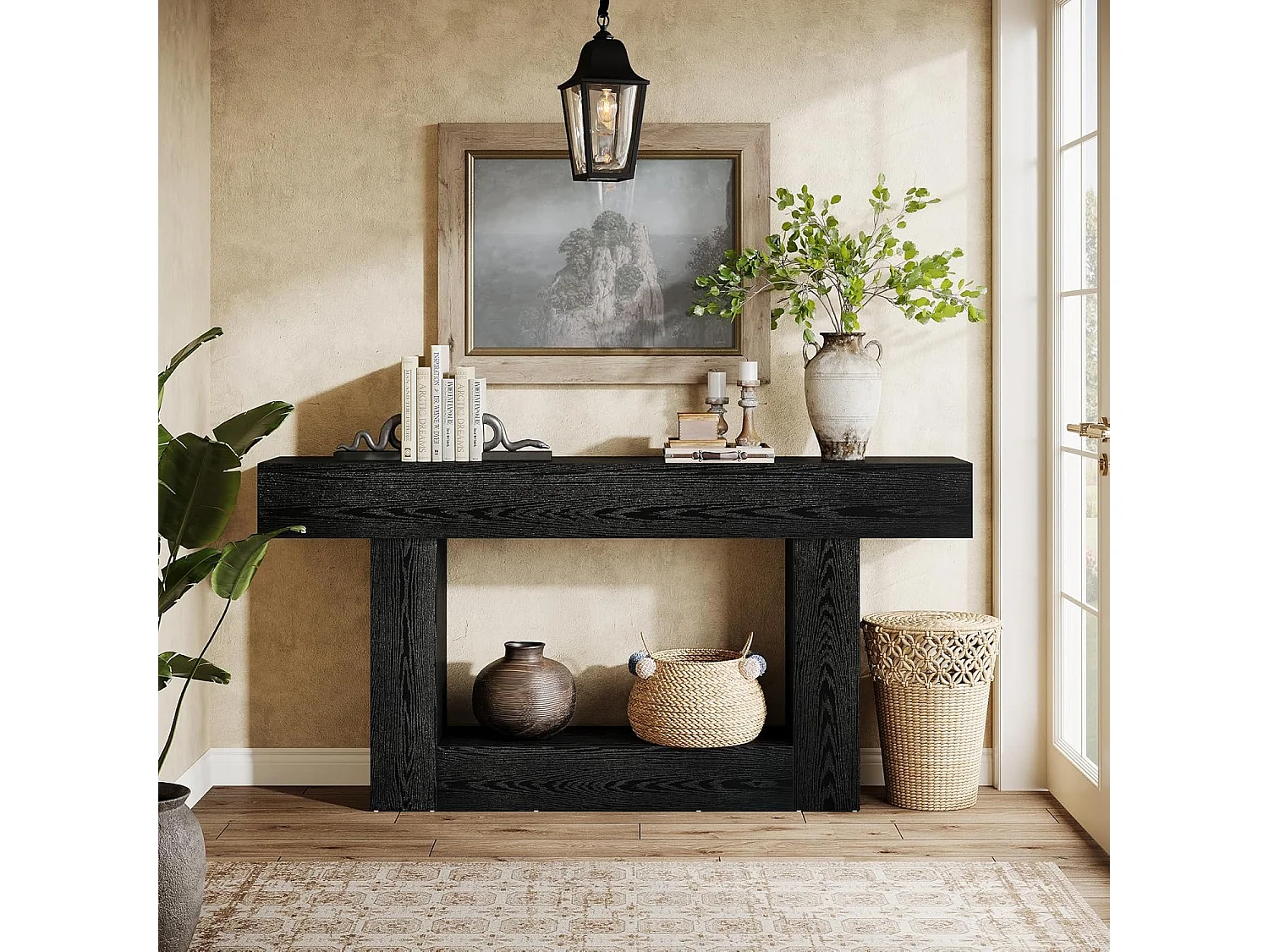 Mesa de Console de 160cm, Mesa de Sofá de 2 Andares Preta Mesa de Entrada