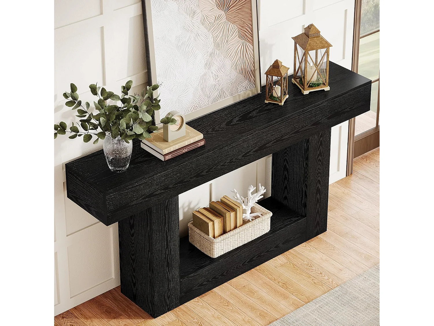 Mesa de Console de 160cm, Mesa de Sofá de 2 Andares Preta Mesa de Entrada