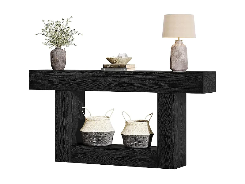 Mesa de Console de 160cm, Mesa de Sofá de 2 Andares Preta Mesa de Entrada
