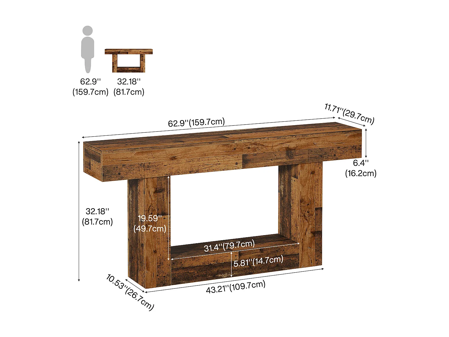 Mesa de Console de 160cm, Mesa de Entrada Rural de 2 Camadas com Base em Forma de U