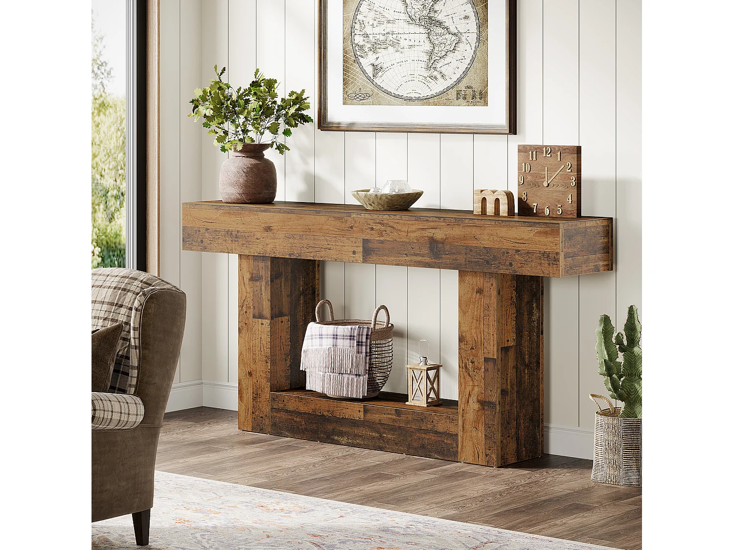 Mesa de Console de 160cm, Mesa de Entrada Rural de 2 Camadas com Base em Forma de U