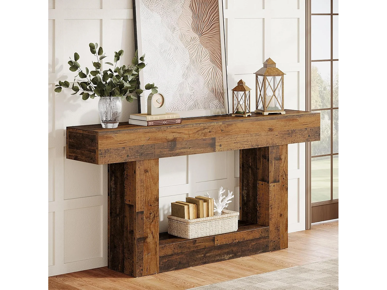 Mesa de Console de 160cm, Mesa de Entrada Rural de 2 Camadas com Base em Forma de U