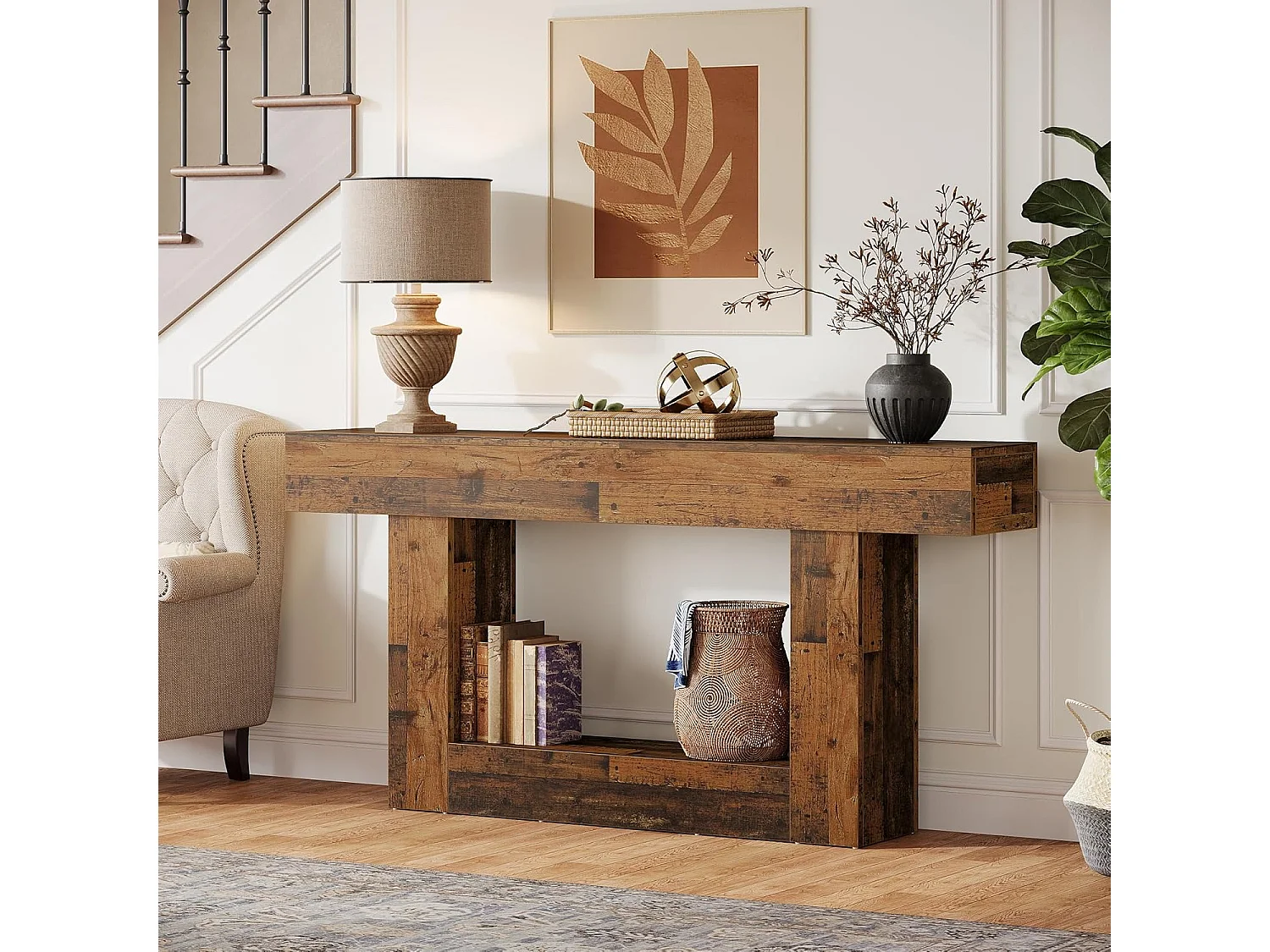 Mesa de Console de 160cm, Mesa de Entrada Rural de 2 Camadas com Base em Forma de U