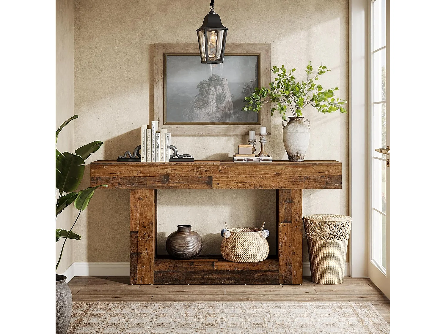 Mesa de Console de 160cm, Mesa de Entrada Rural de 2 Camadas com Base em Forma de U