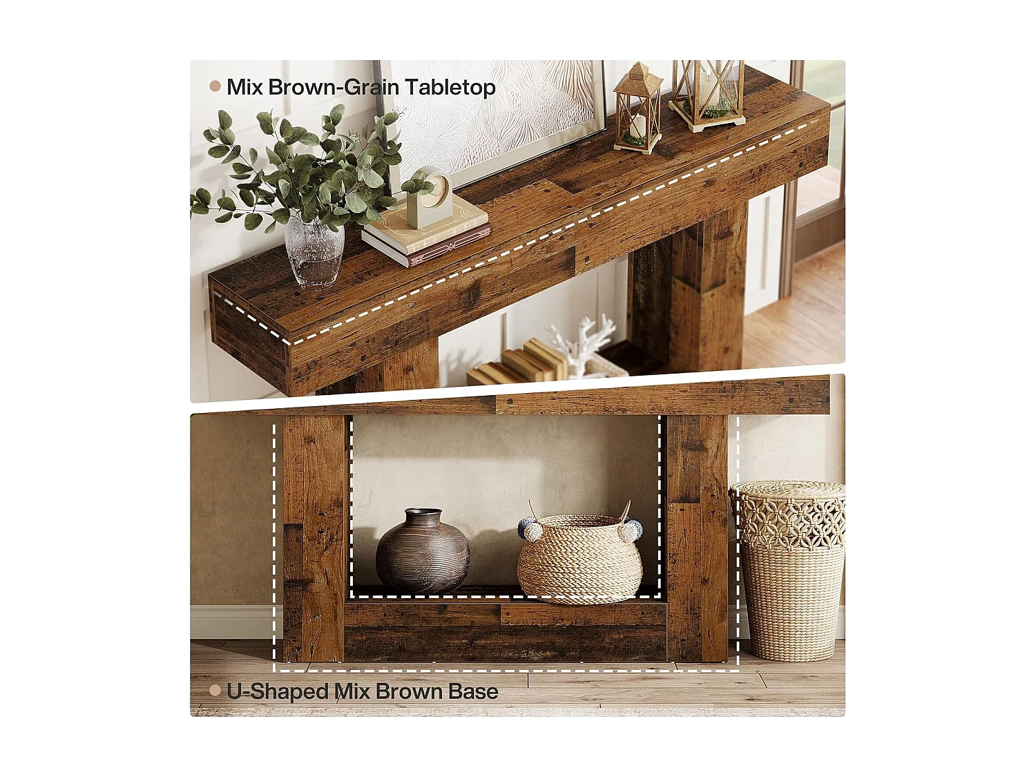 Mesa de Console de 160cm, Mesa de Entrada Rural de 2 Camadas com Base em Forma de U