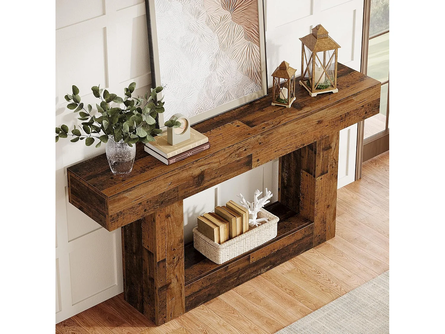 Mesa de Console de 160cm, Mesa de Entrada Rural de 2 Camadas com Base em Forma de U