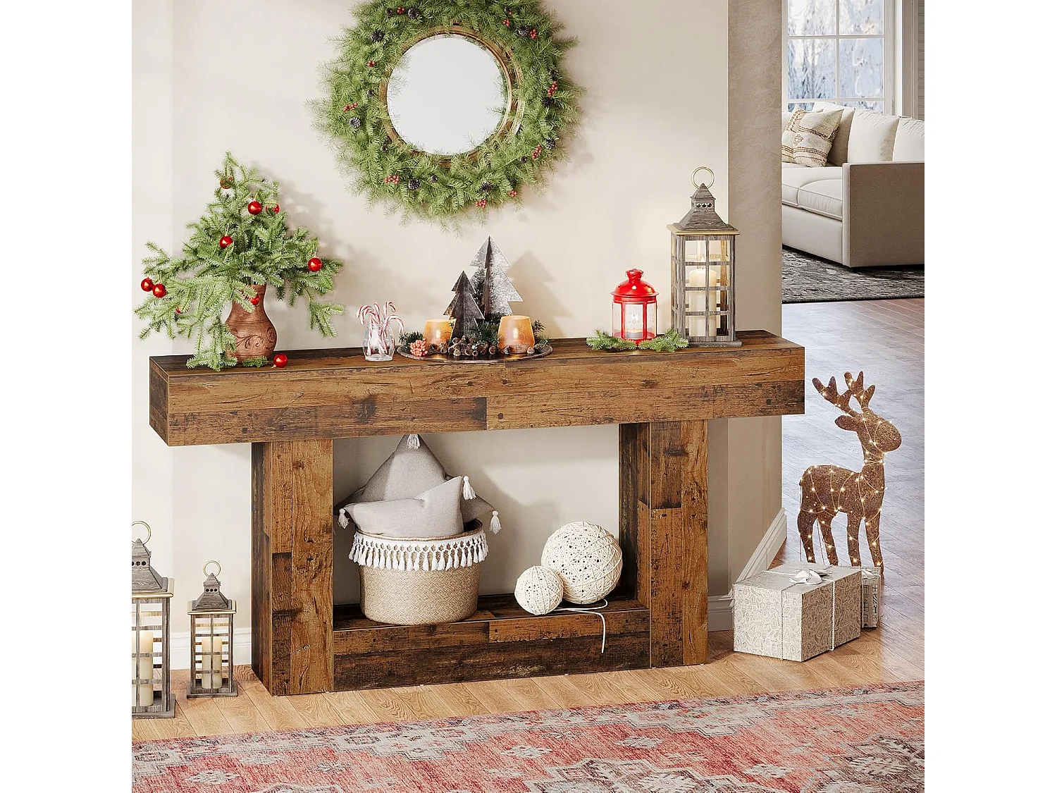 Mesa de Console de 160cm, Mesa de Entrada Rural de 2 Camadas com Base em Forma de U