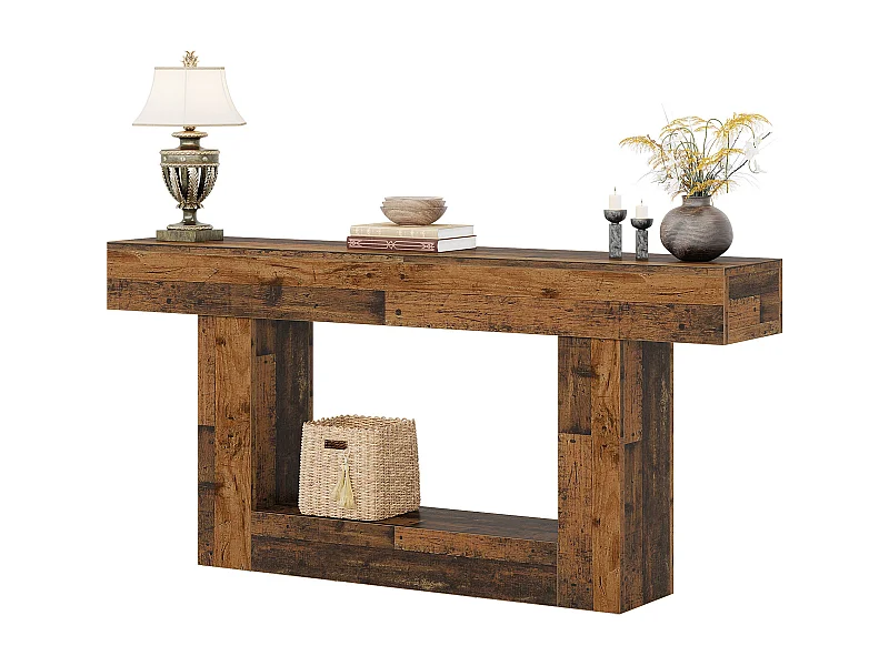 Mesa de Console de 160cm, Mesa de Entrada Rural de 2 Camadas com Base em Forma de U