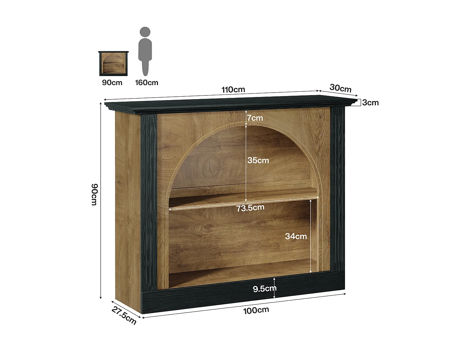 Mesa de consola de 3 niveles, mesa de entrada de 110 cm con almacenamiento para vestíbulo, pasillo