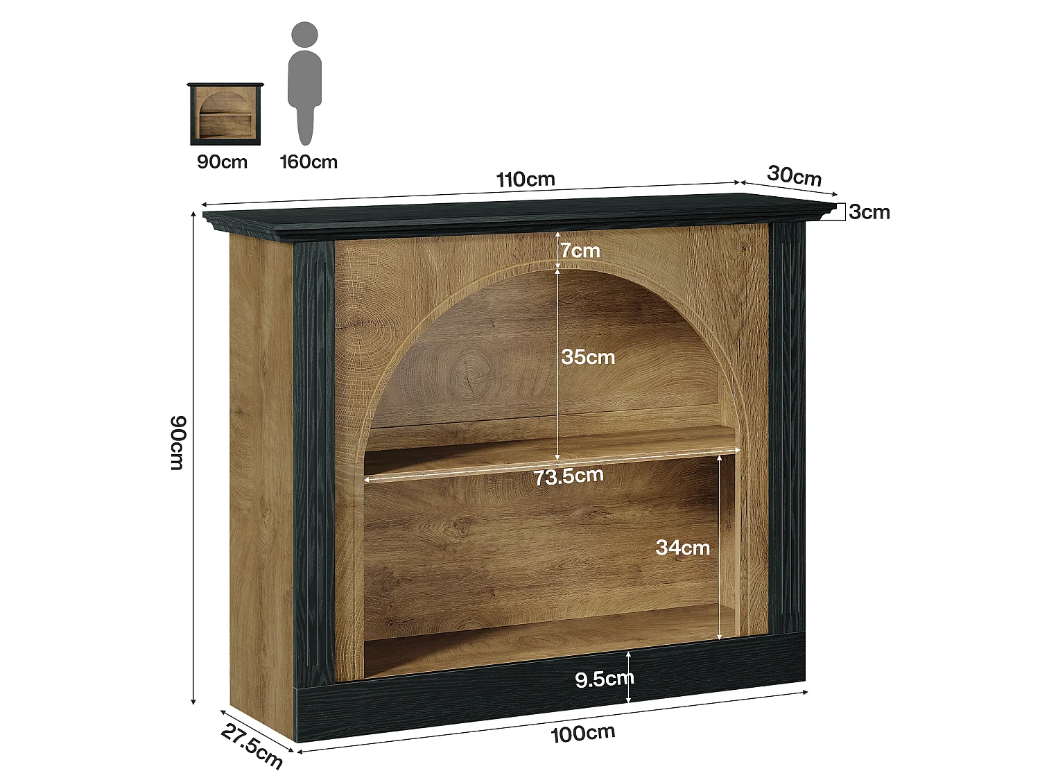 Mesa de consola de 3 niveles, mesa de entrada de 110 cm con almacenamiento para vestíbulo, pasillo