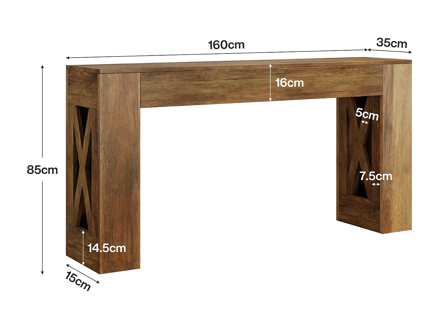 Mesa de Consola de 160 cm de Comprimento, Mesa de Entrada Rural com 2 Gavetas e Pernas em Forma de X