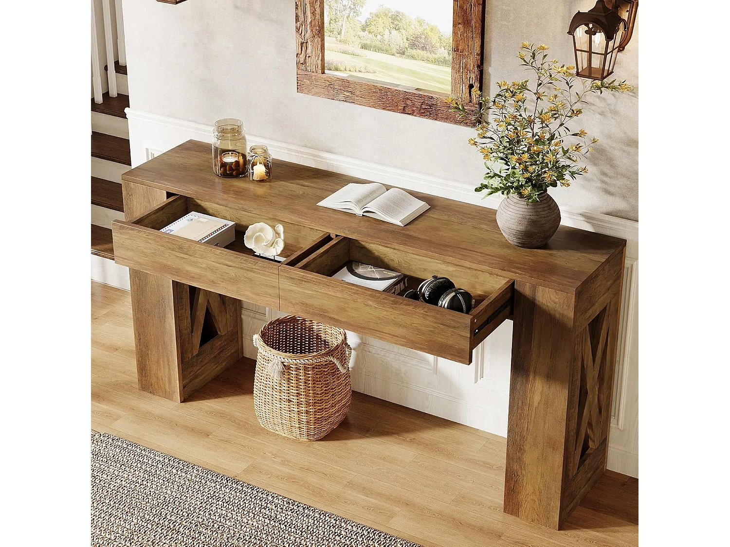 Mesa de Consola de 160 cm de Comprimento, Mesa de Entrada Rural com 2 Gavetas e Pernas em Forma de X