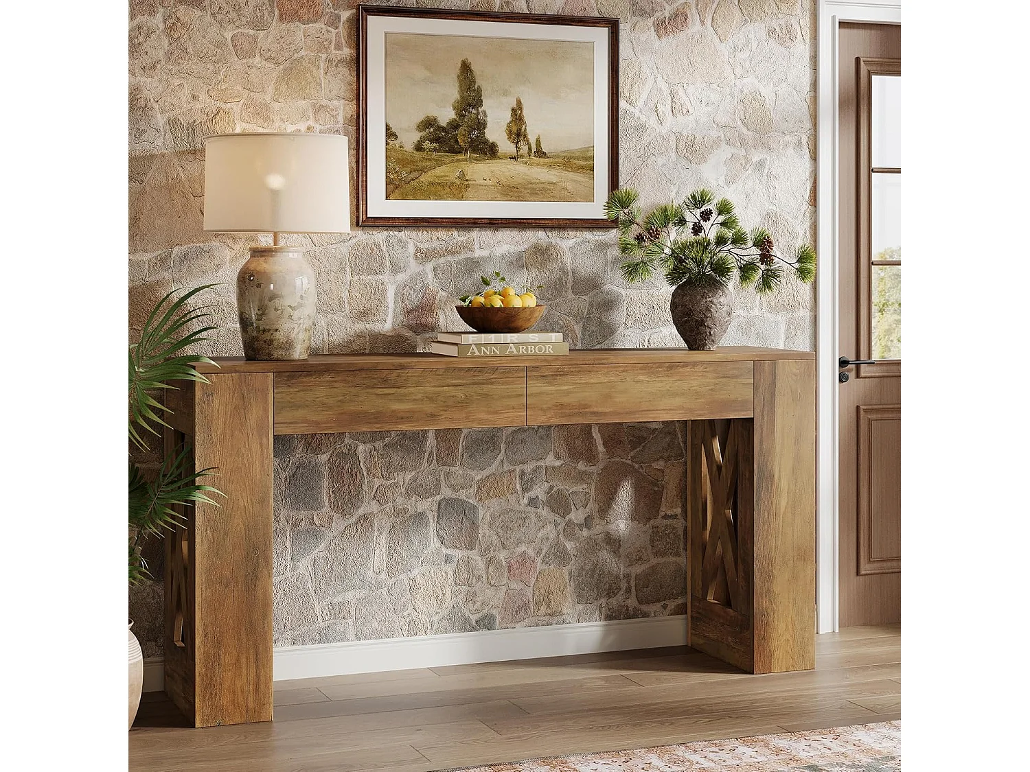 Mesa de Consola de 160 cm de Comprimento, Mesa de Entrada Rural com 2 Gavetas e Pernas em Forma de X