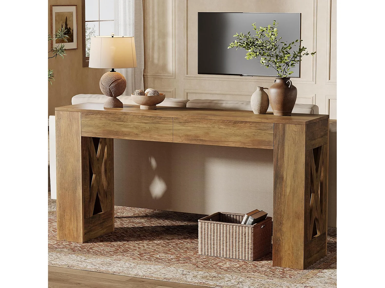 Mesa de Consola de 160 cm de Comprimento, Mesa de Entrada Rural com 2 Gavetas e Pernas em Forma de X