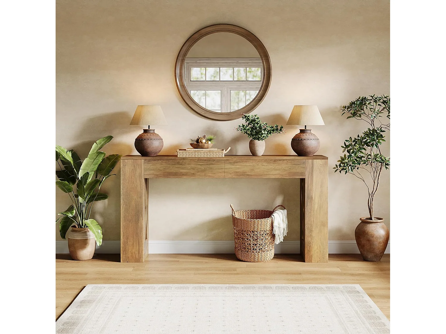 Mesa de Consola de 160 cm de Comprimento, Mesa de Entrada Rural com 2 Gavetas e Pernas em Forma de X