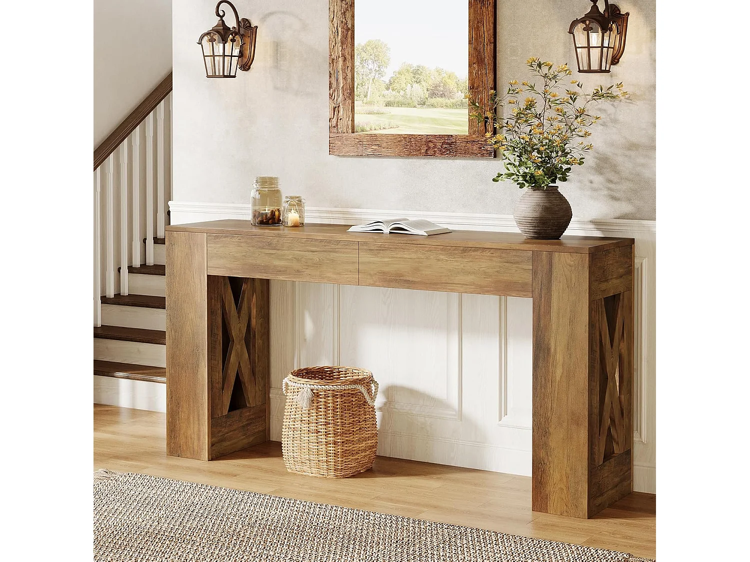 Mesa de Consola de 160 cm de Comprimento, Mesa de Entrada Rural com 2 Gavetas e Pernas em Forma de X