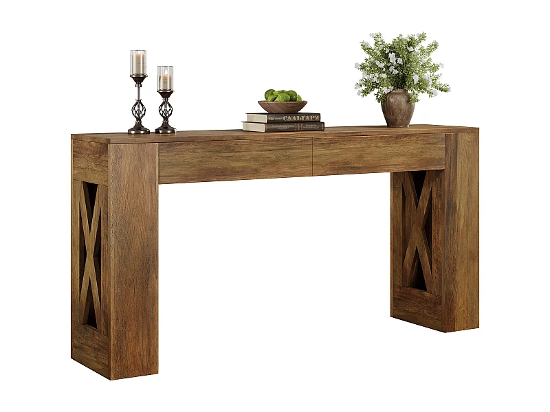Mesa de Consola de 160 cm de Comprimento, Mesa de Entrada Rural com 2 Gavetas e Pernas em Forma de X