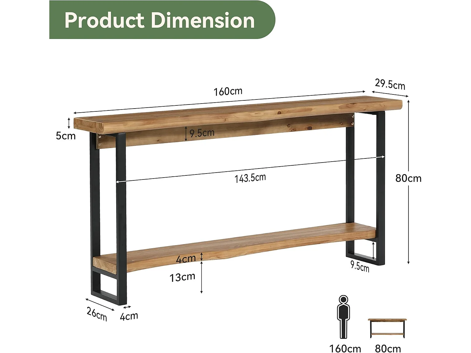 Mesa de console de madeira maciça com borda natural para entrada, estilo caseiro, 160 cm, mesa estreita e longa para sofa, atrás do sofá