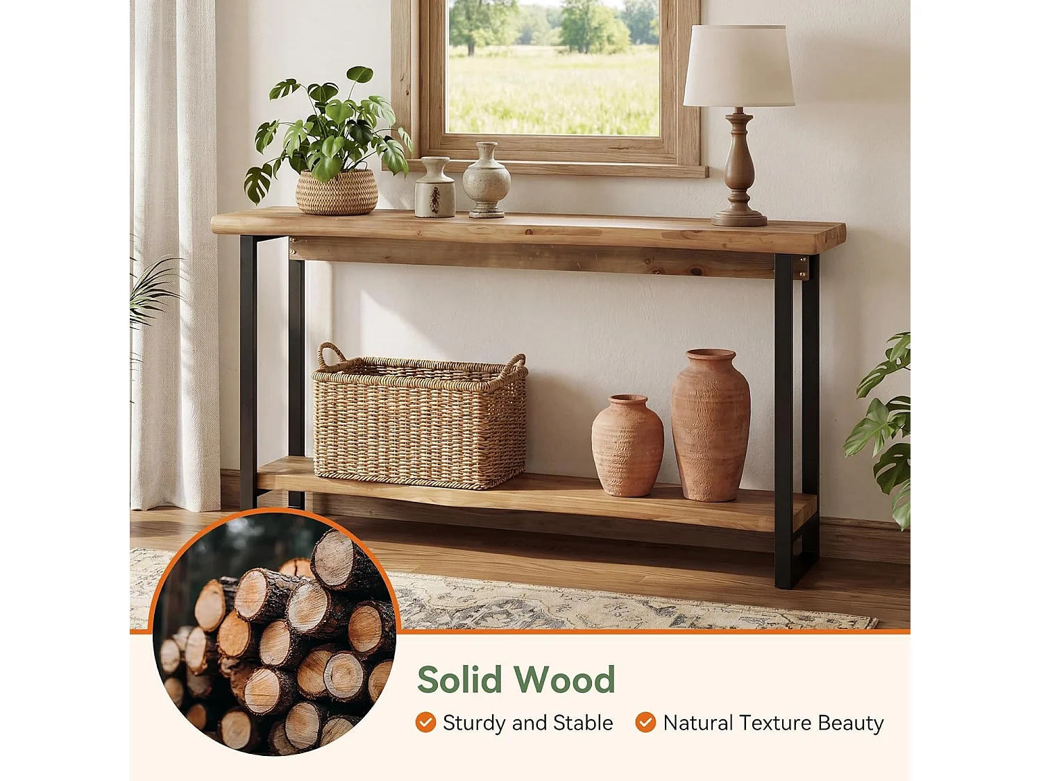 Mesa de console de madeira maciça com borda natural para entrada, estilo caseiro, 160 cm, mesa estreita e longa para sofa, atrás do sofá