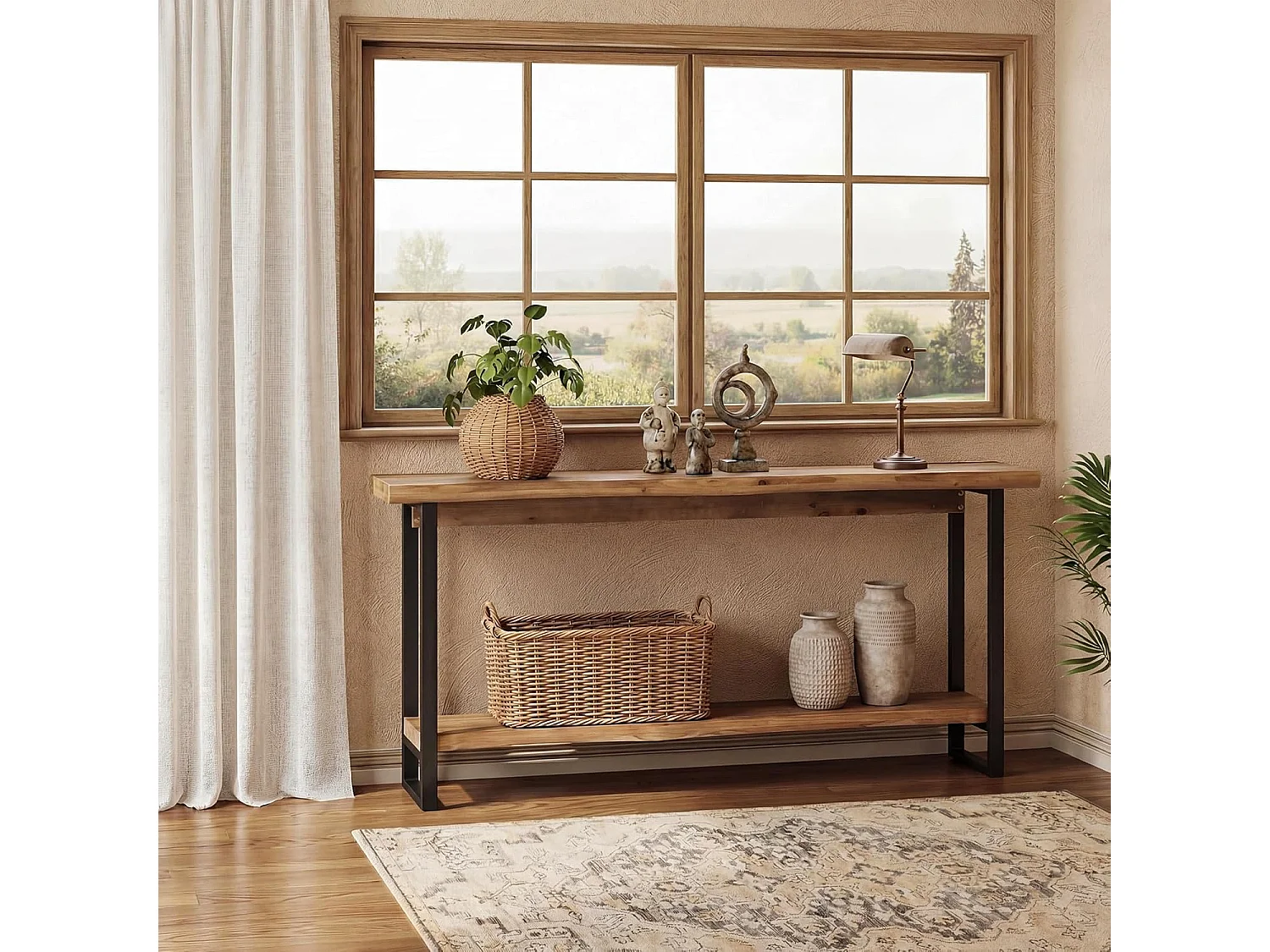 Mesa de console de madeira maciça com borda natural para entrada, estilo caseiro, 160 cm, mesa estreita e longa para sofa, atrás do sofá