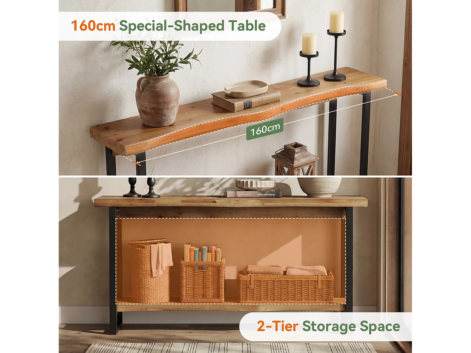 Mesa de console de madeira maciça com borda natural para entrada, estilo caseiro, 160 cm, mesa estreita e longa para sofa, atrás do sofá