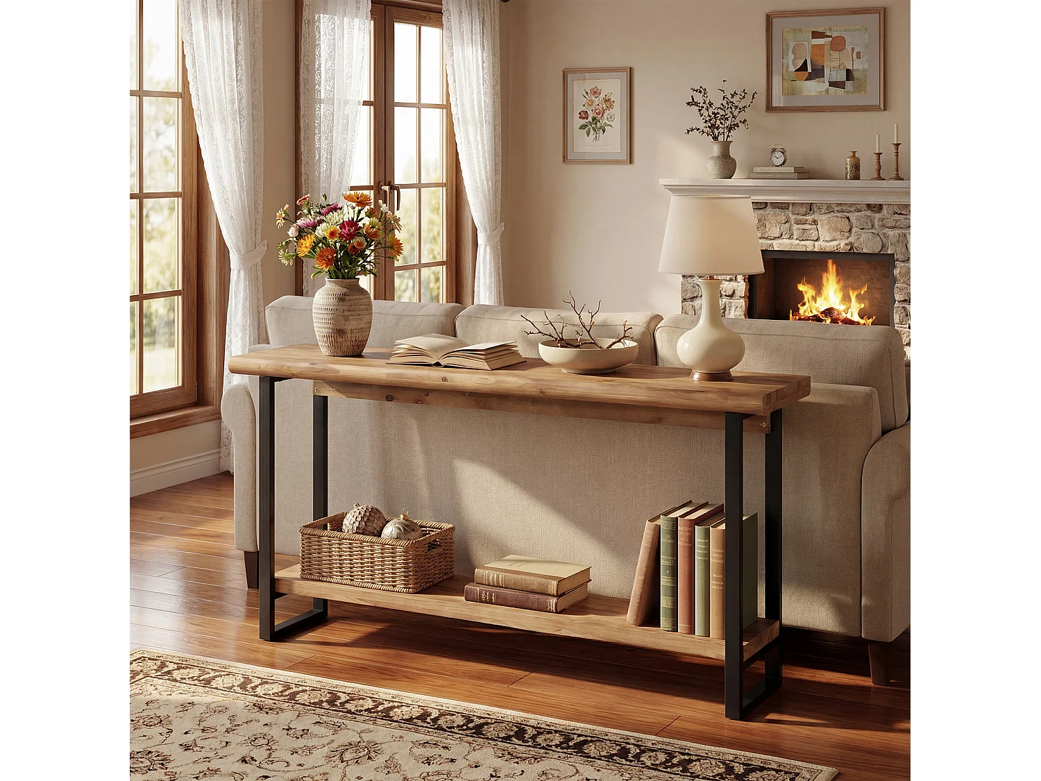 Mesa de console de madeira maciça com borda natural para entrada, estilo caseiro, 160 cm, mesa estreita e longa para sofa, atrás do sofá