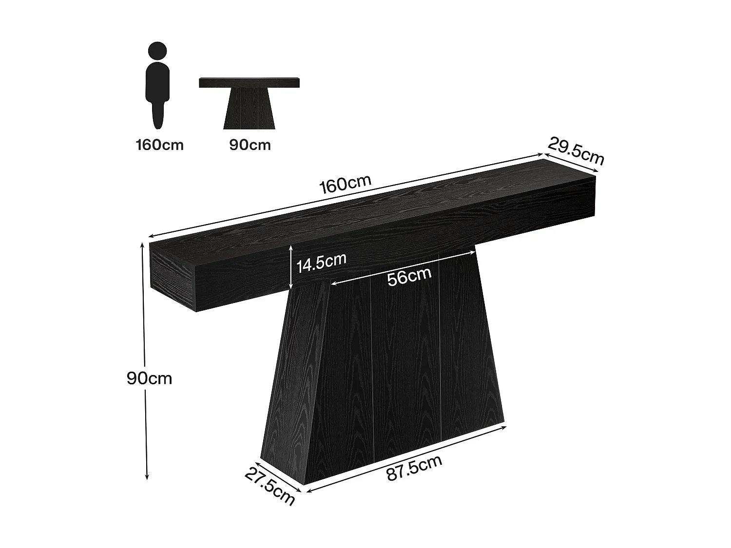 Mesa de Entrada, Mesa de Console Moderna Preta de 160cm com Base Trapezoidal para Sala de Estar